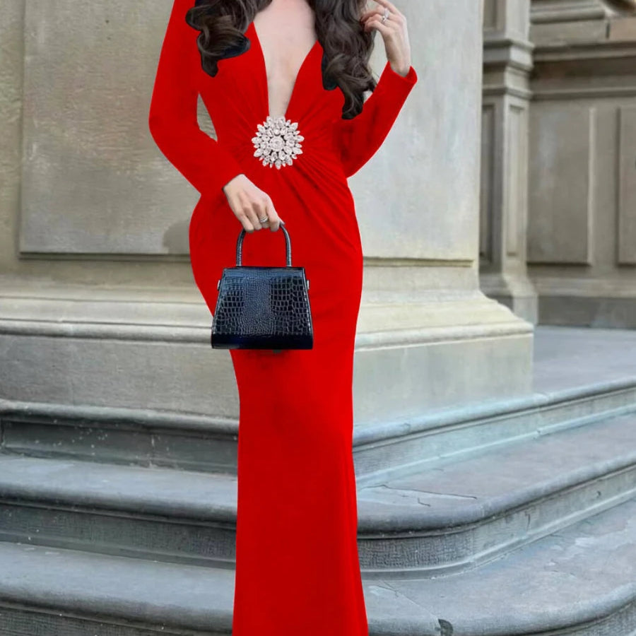 Solid Slimming Spliced 3D Flower Dresses for Women V Neck Long Sleeves Temperament Dress Female Fashion Clothing RED