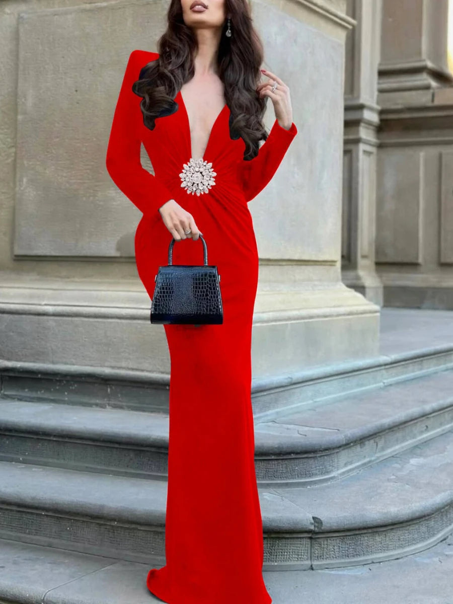 Solid Slimming Spliced 3D Flower Dresses for Women V Neck Long Sleeves Temperament Dress Female Fashion Clothing RED