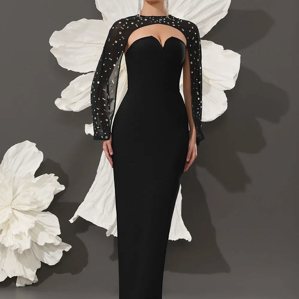 2025 Sexy Women's Light Luxury Nail Bead Shawl+Strapless Sleeveless Bandage Dress Set Fashion Bodycon Long Dress Party Vestidos black