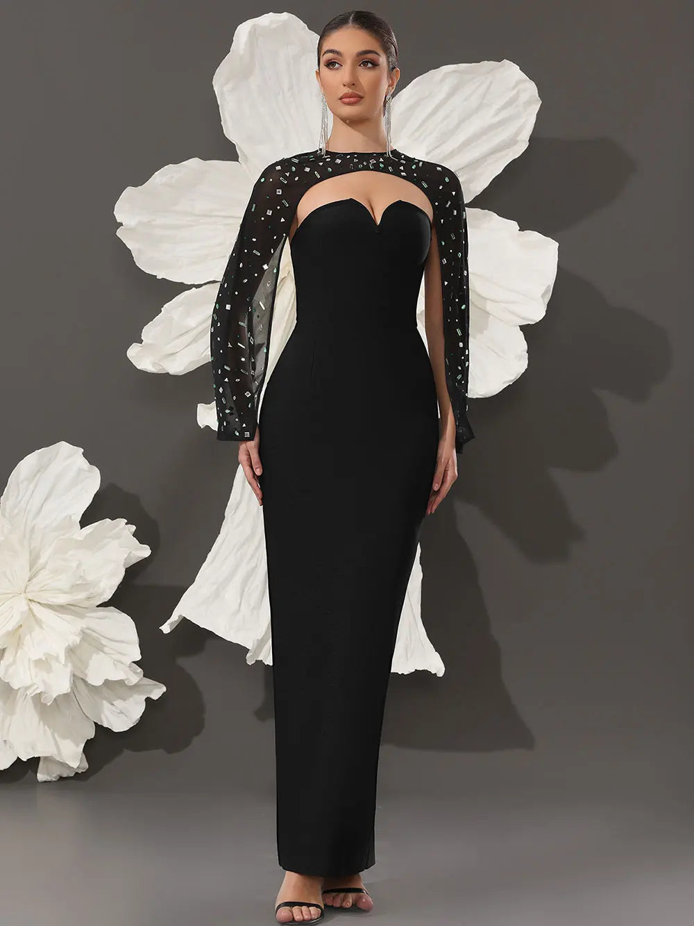 2025 Sexy Women's Light Luxury Nail Bead Shawl+Strapless Sleeveless Bandage Dress Set Fashion Bodycon Long Dress Party Vestidos black