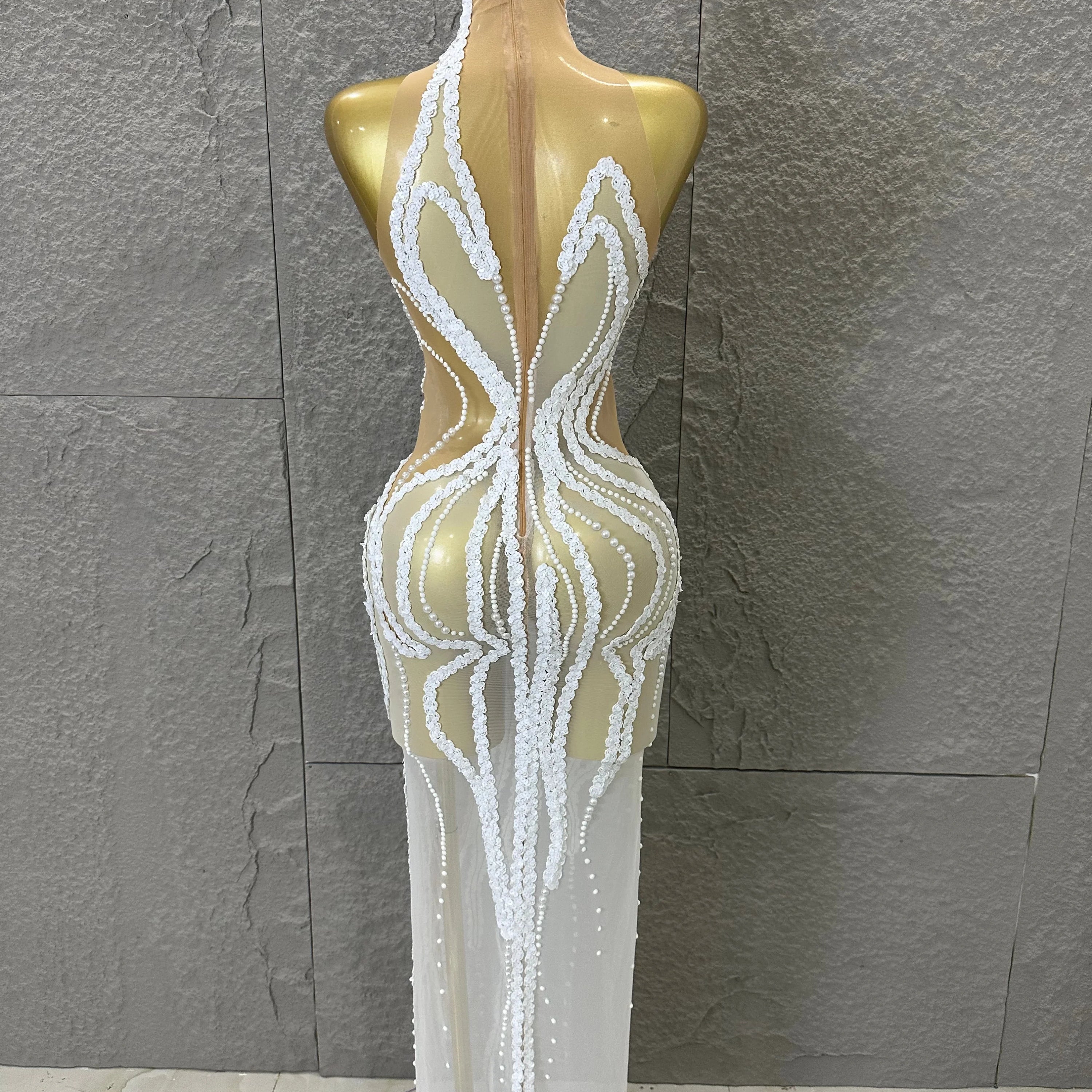 Sequined White Sheer Mesh Maxi Dress Women Sexy High Neck Pearl Lace Bodycon Cocktail Nightclub Evening Gala Party Costume
