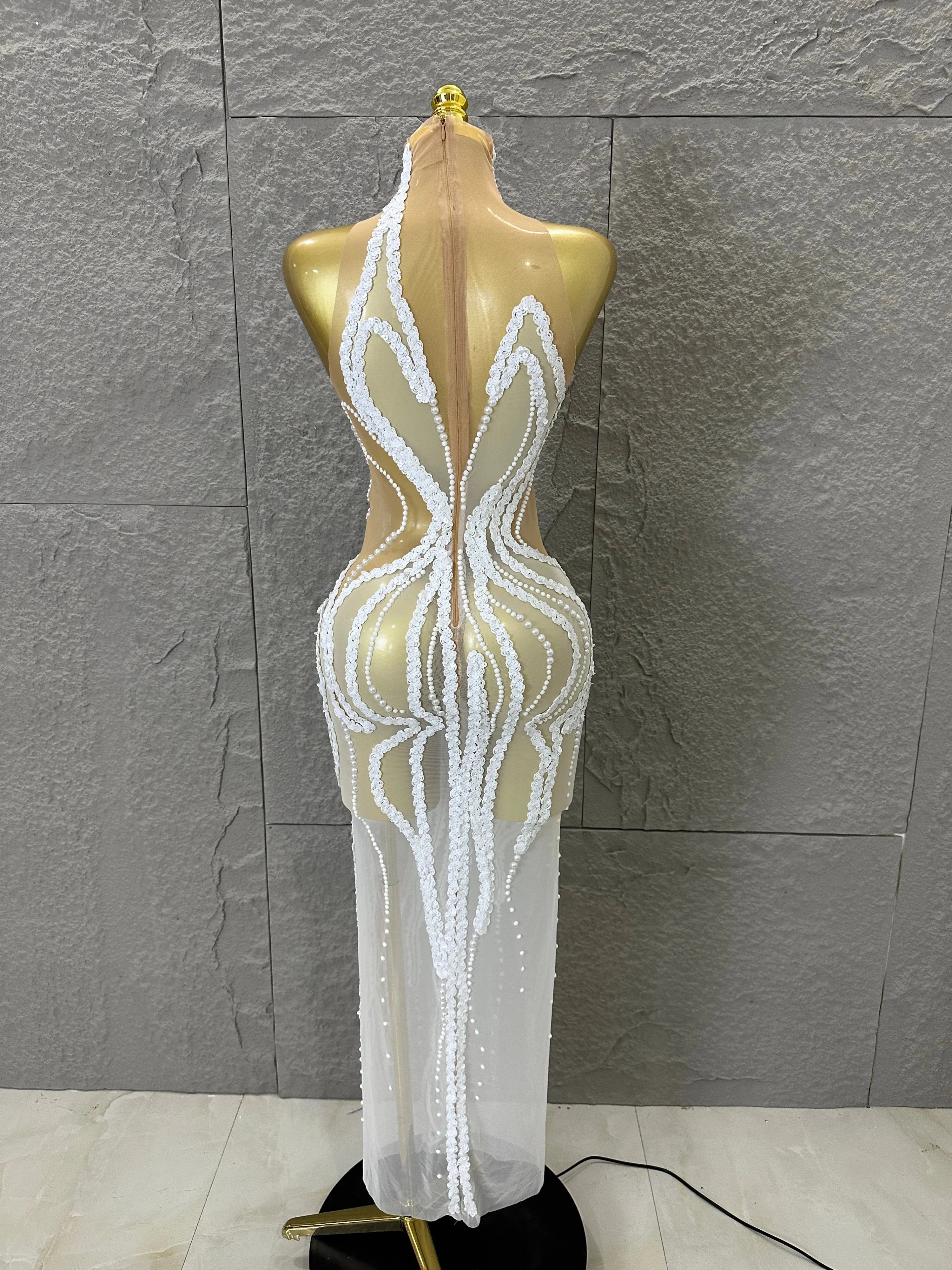 Sequined White Sheer Mesh Maxi Dress Women Sexy High Neck Pearl Lace Bodycon Cocktail Nightclub Evening Gala Party Costume