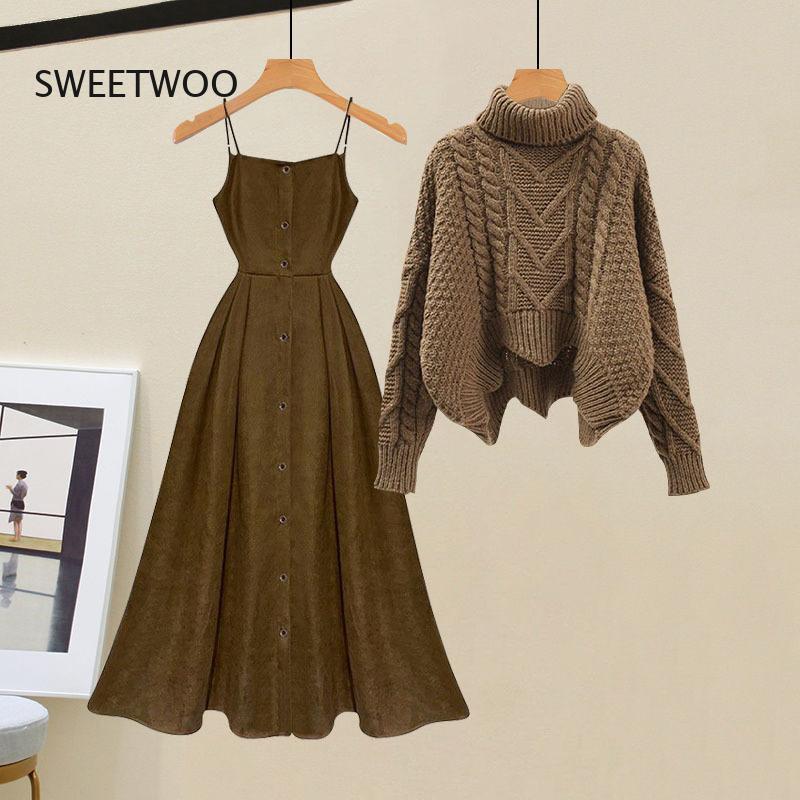 Women's Spring Autumn Single/outfits 2024 New Age Reducing Slim Covering Sweater with Waist Wrapped Dress Two Piece Set