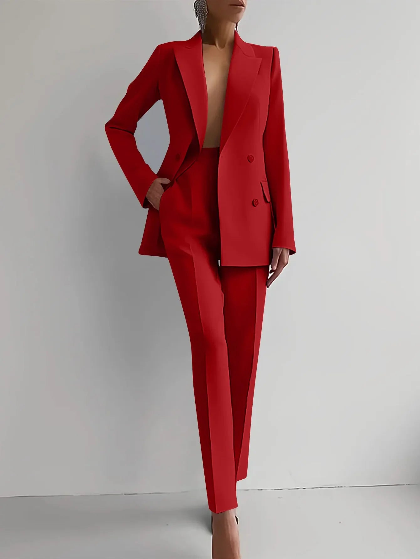 Elegant Blazer Suit and Wide Leg Pants Two 2 Piece Sets Outfits Women 2024 Classic OL Work Street Outfit Tracksuit Red