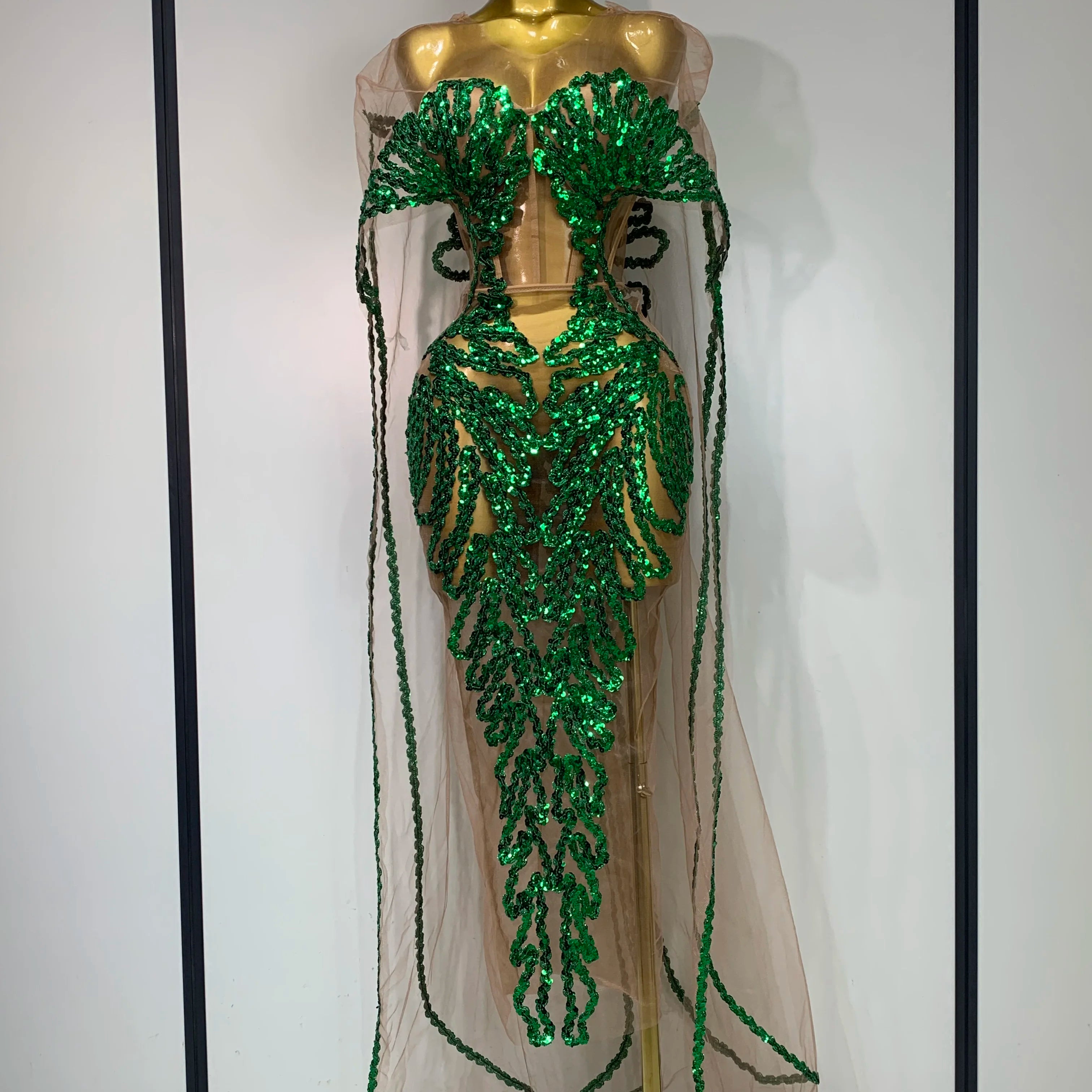 Sexy Mesh See Through Long Dress Sparkly Green Sequins Night Club Party Dress Cloak Birthday Celebrate Drag Queen Stage Costumes green
