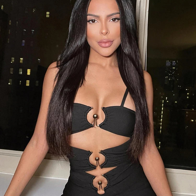 2024 Summer Beach Holiday Dress For Women Sexy Spaghetti Strap Hollow Out Metal Circle Design Bandage Tight Long Dress