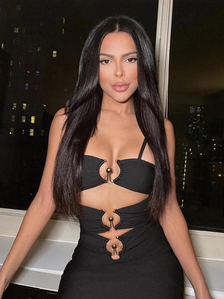 2024 Summer Beach Holiday Dress For Women Sexy Spaghetti Strap Hollow Out Metal Circle Design Bandage Tight Long Dress