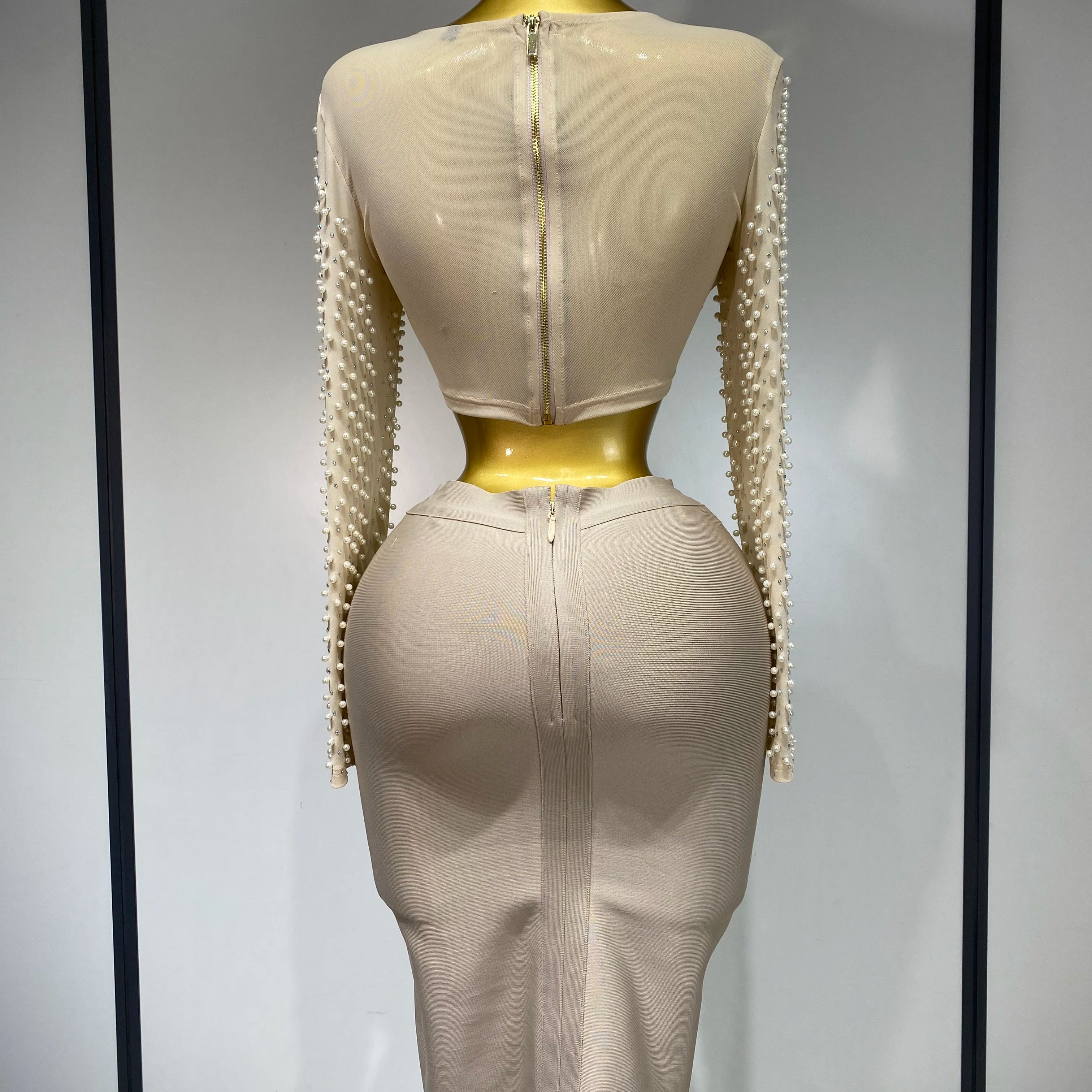 Women Sexy Long Sleeve Mesh Pearl Top Celebrity Midi Women Bandage Set 2025 Designer Evening Party Luxury Birthday Two Piece Set