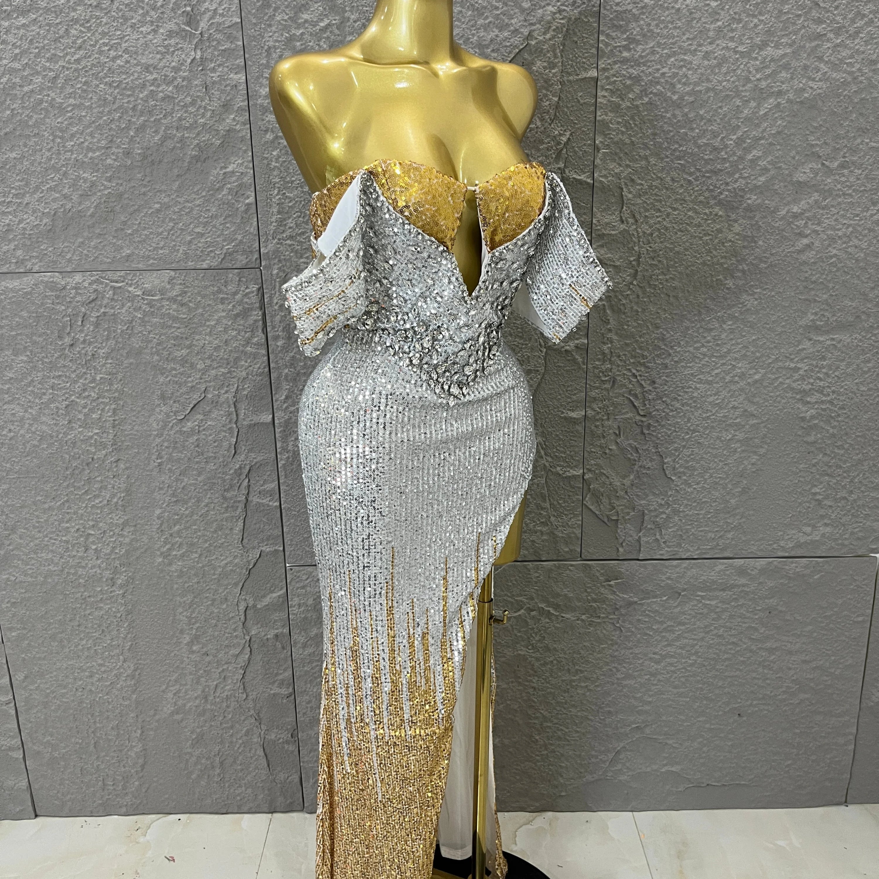 Sparkly Silver Gold Sequin Off Shoulder High Slit Dress Allover Glitter Evening Party Club Birthday Gala Celebration Event