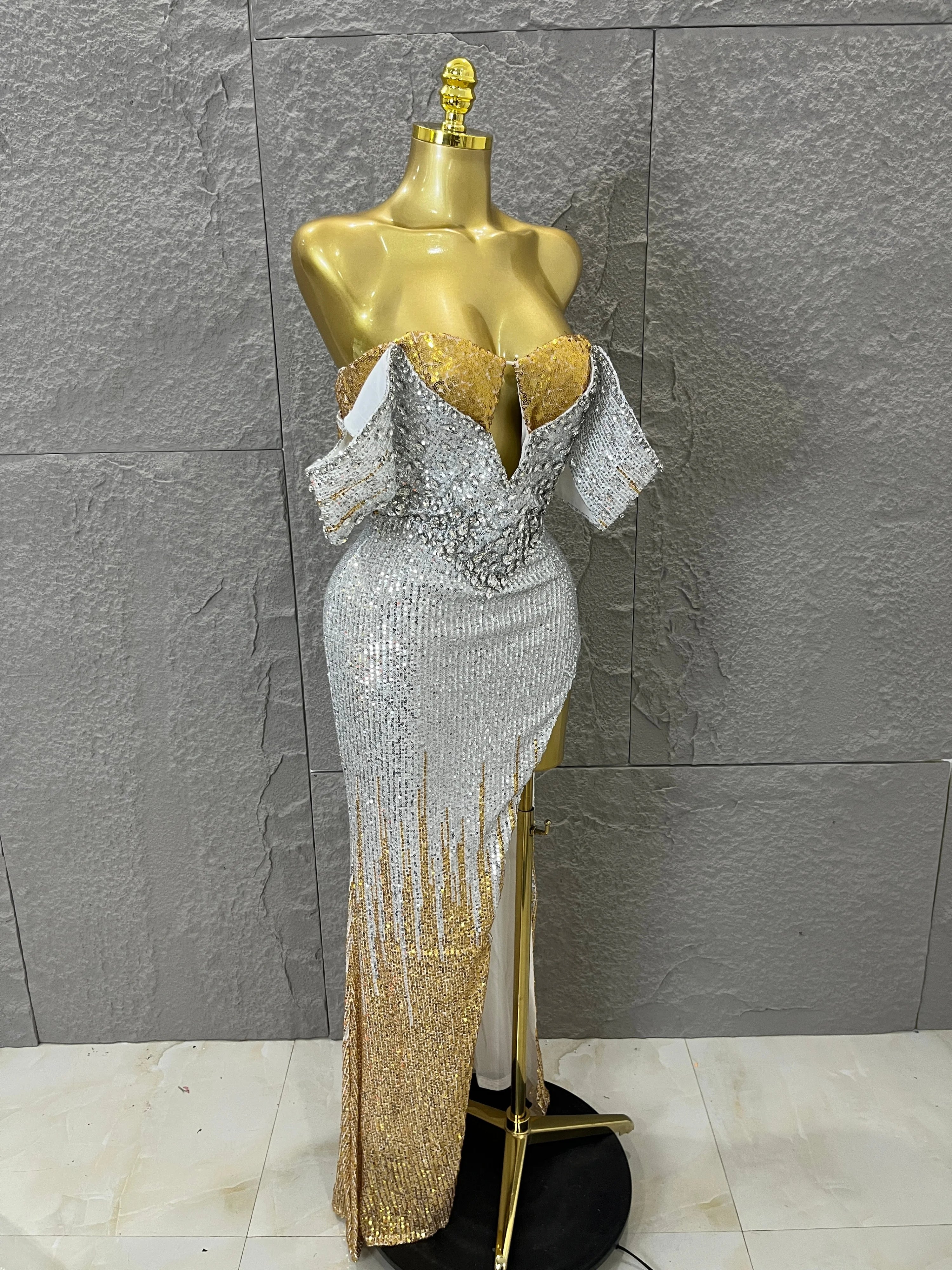 Sparkly Silver Gold Sequin Off Shoulder High Slit Dress Allover Glitter Evening Party Club Birthday Gala Celebration Event