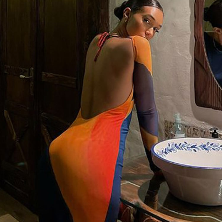 Sexy Backless Maxi Dress Fashion Print Long Sleeve Bodycon Party Dress Beach Outfits 2022 New Summer Evening Club Dress