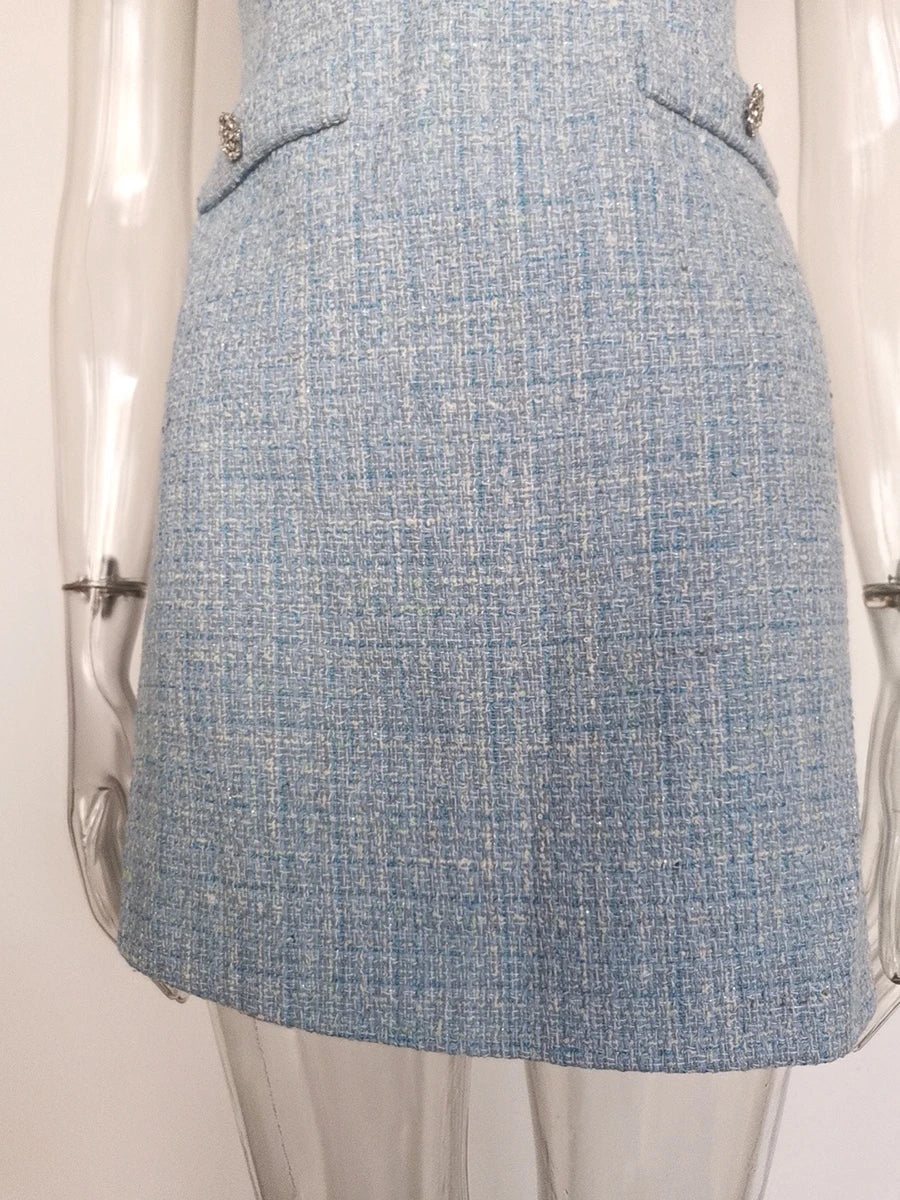 Solid Slimming Spliced Button Dresses for Women Round Neck Sleevless Temperament Mini Dress Female Fashion Clothing