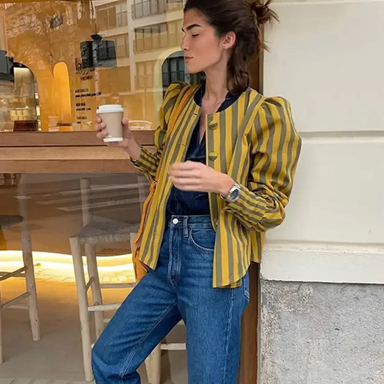 Women Contrasting Stripes Shirt Jacket Elegant Loose O Neck Long Puff Sleeve Thin Coat New Chic Female Artistic Streetwear 2024
