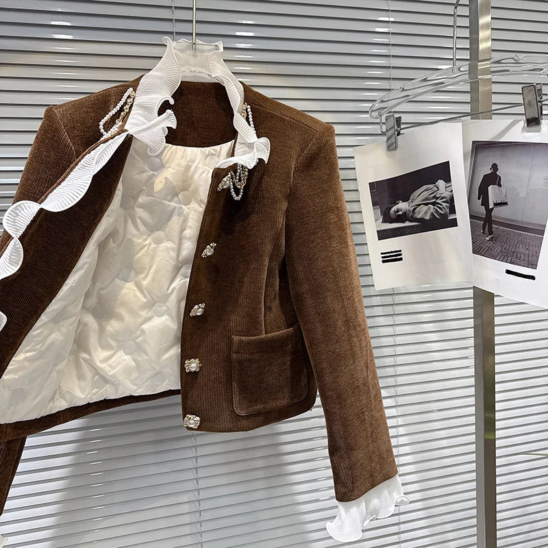 Winter New Fashion New Style Pearl Chain Cotton Jacket Corduroy Straight Pants Two-pieces Set For Women 11A07593