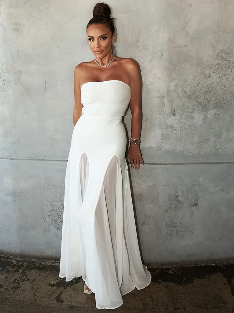 Women Celebrity Sexy Strapless Backless Mesh Maxi Long Bodycon Bandage Dress 2025 Elegant Evening Club Party Outfit WHITE