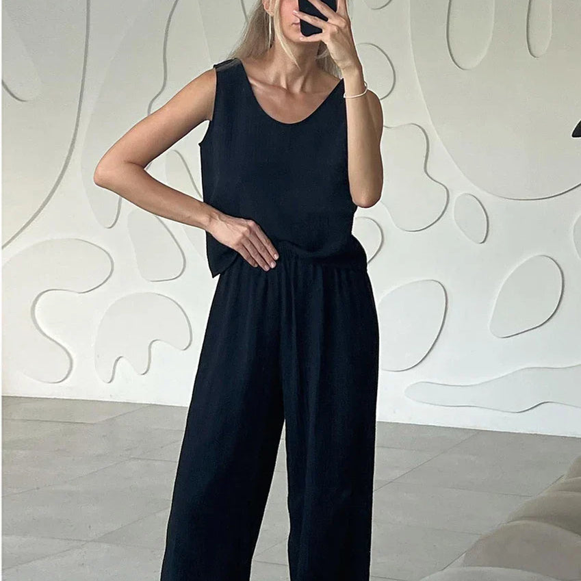 Clacive Casual Loose Beige Cotton 2 Piece Sets Women Outfit Fashion Sleeveless Tank Top With High Waist Wide Pants Set Homewear black
