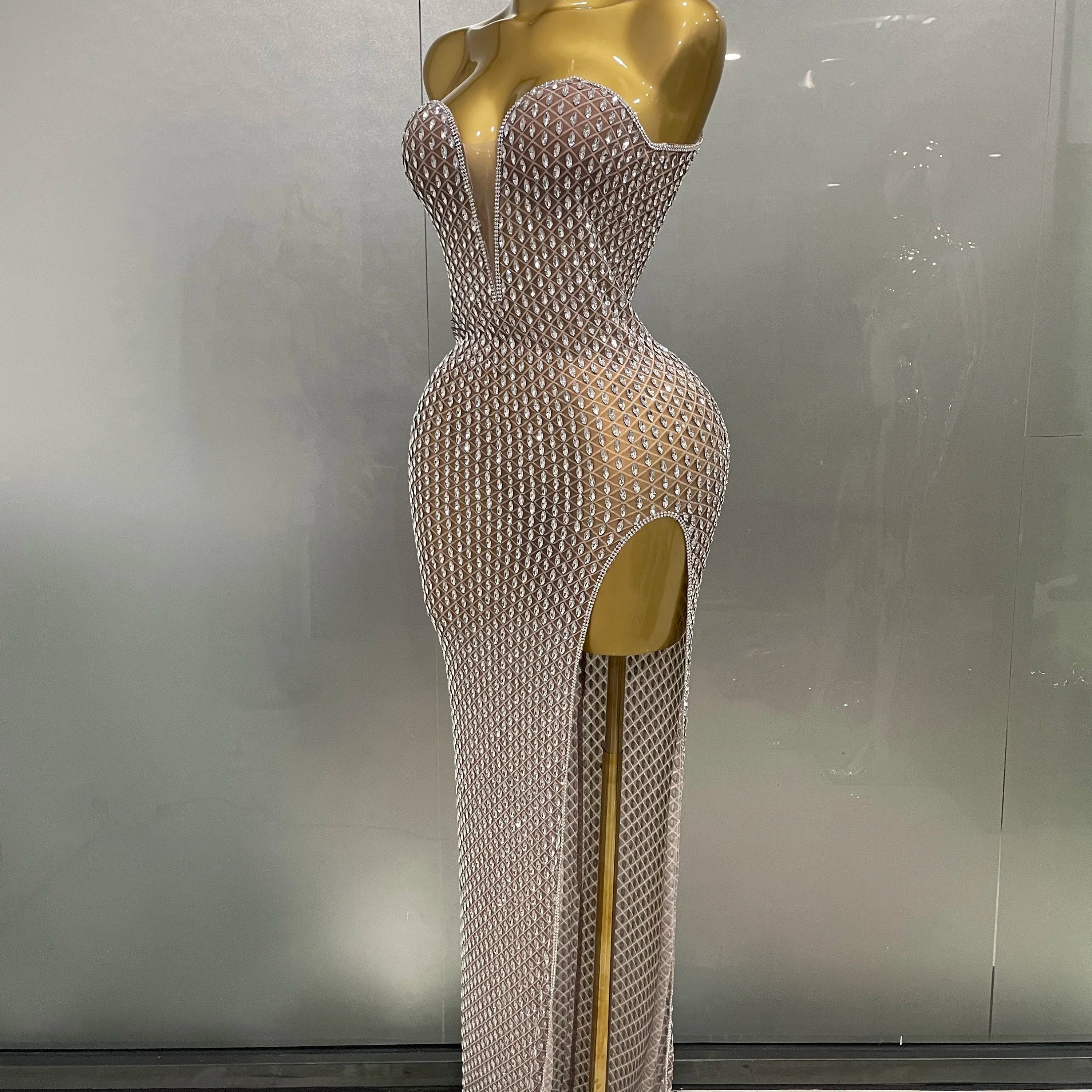 2025 Luxurious Full Rhinestones Mesh Transparent long dress Women Birthday Celebrate Evening Prom Dress party Club Stage Costume