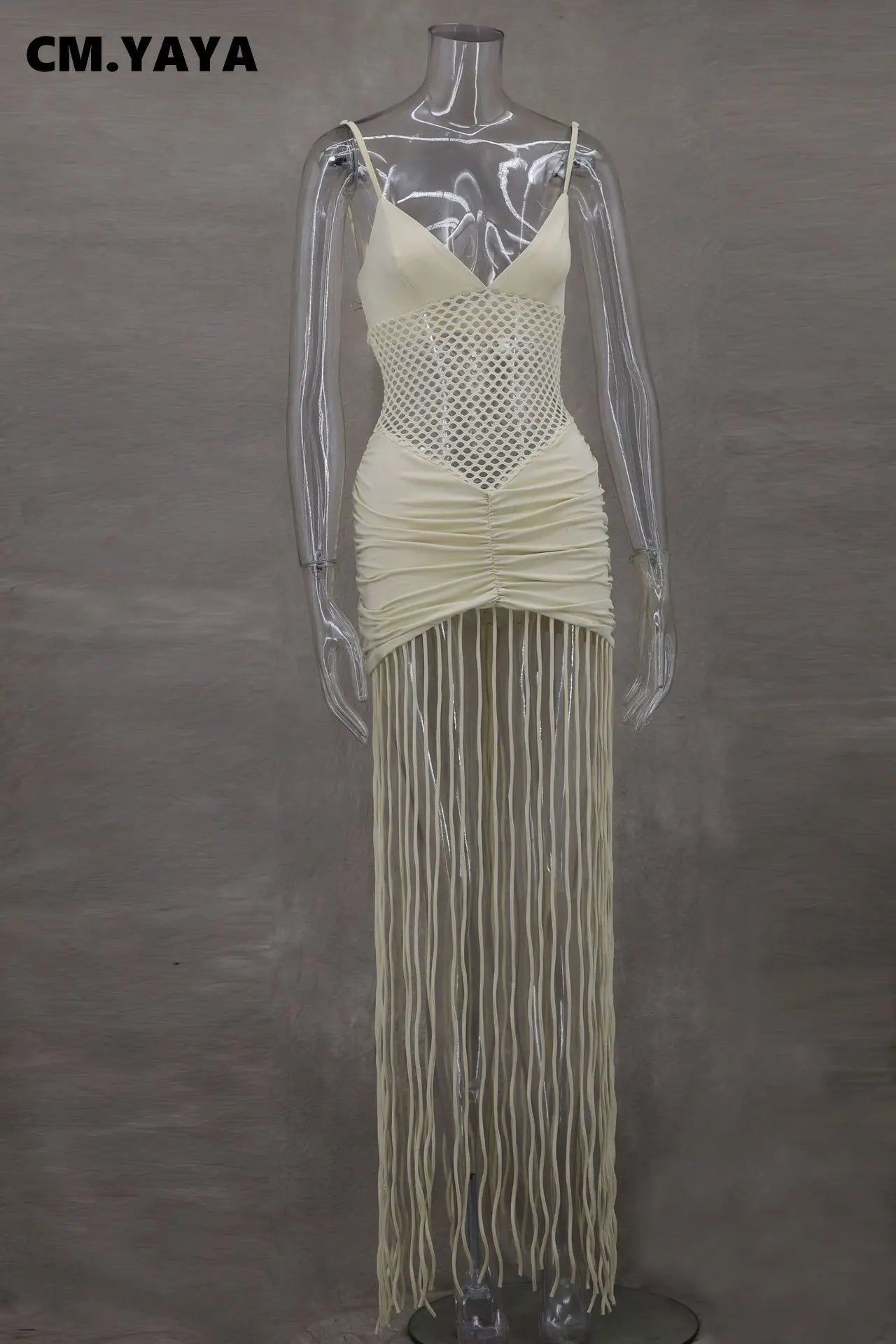 Women Spaghetti Strap V-neck Sleeveless Tassel Hollow Out Midi Maxi Dress Sexy Birthday Night Party Vestidos Dresses