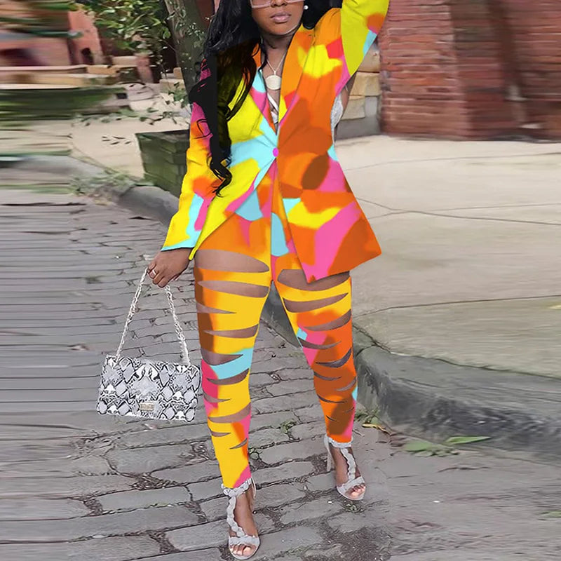 Plus Size Women Two Piece Set Turn Down Collar Vintage Print Autumn Long Sleeve Jacket Blazer Slim Hollow Out Pants Suit 2022 05