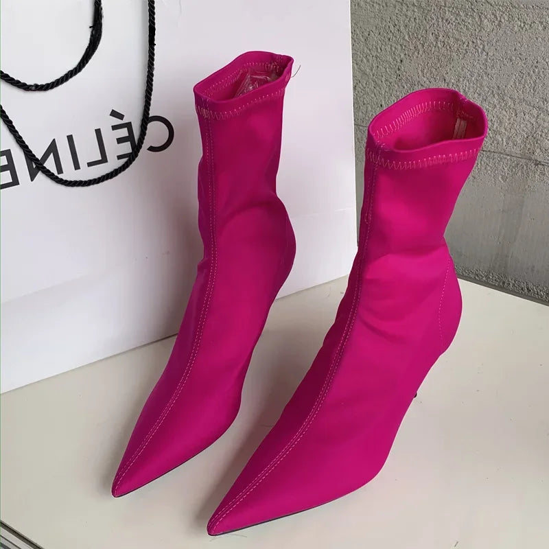 New Spring Autumn Stretch Fabric Women Ankle Boots Sexy Pointed Toe High Heels Fashion Female Socks Pumps Shoes Mei red