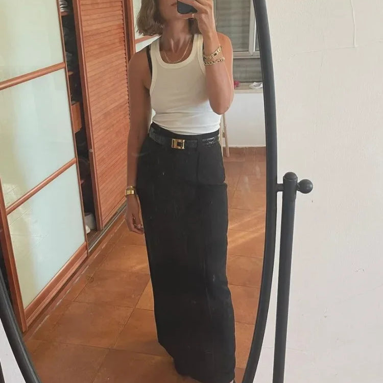 Patchwork High Waist Slim Long Skirt Female Solid High Street Elegant Fashion Seamless Vintage White Women's Maxi Skirt