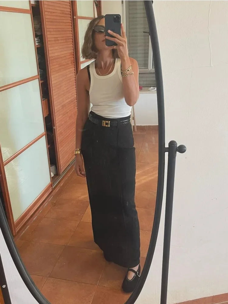 Patchwork High Waist Slim Long Skirt Female Solid High Street Elegant Fashion Seamless Vintage White Women's Maxi Skirt