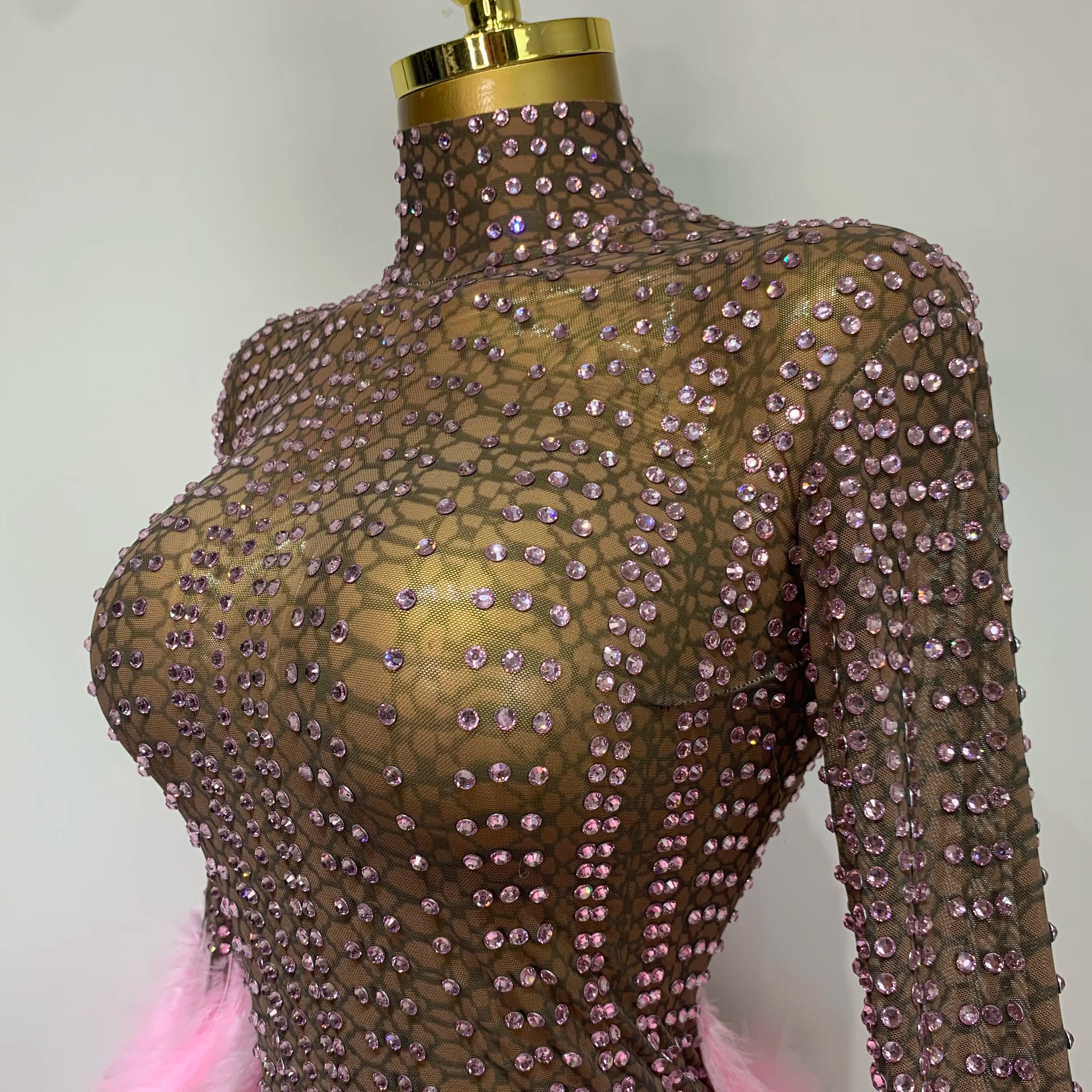 Women Luxury Birthday Dress Rhinestones Mesh Feathers Bodycon Mini Celebrity Evening Club Party Dress Nightclub Stage Outfit