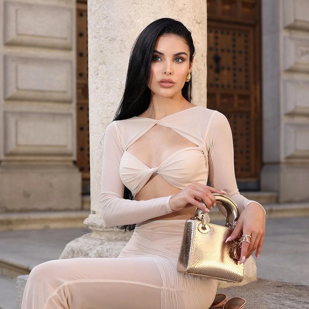 New Spring Mesh See Through Women Set Sexy Hollow Out Short Top And Flare Pants 2 Pieces High Stree Wear Evening Party Vestido