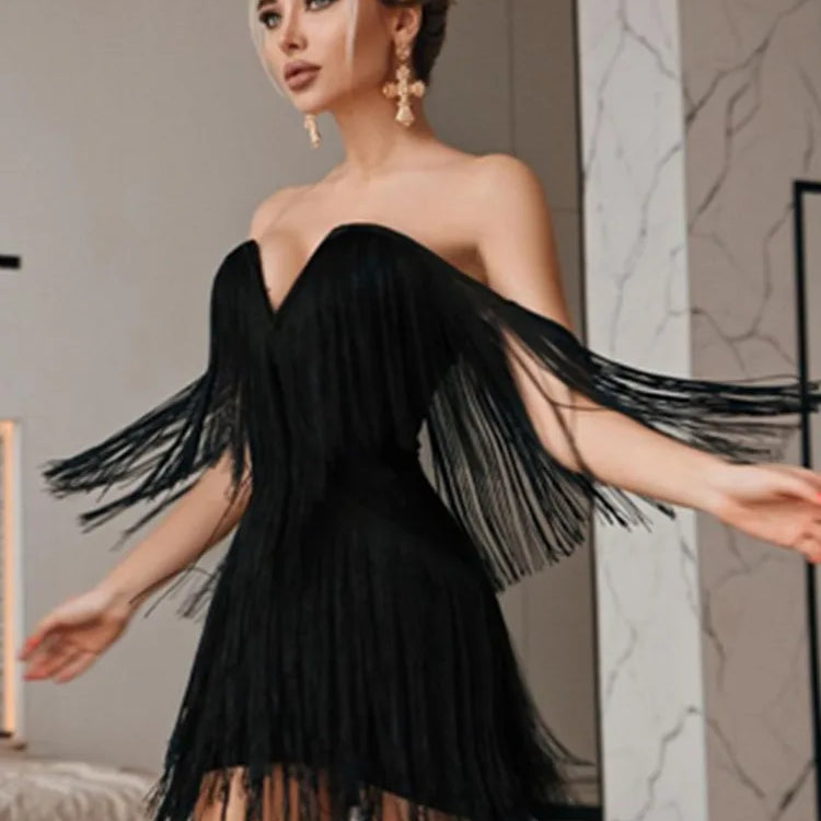 Summer Fashion Women Sexy Off Shoulder Tassel Black White Mini Bodycon Bandage Dress 2023 Elegant Evening Club Party Dress