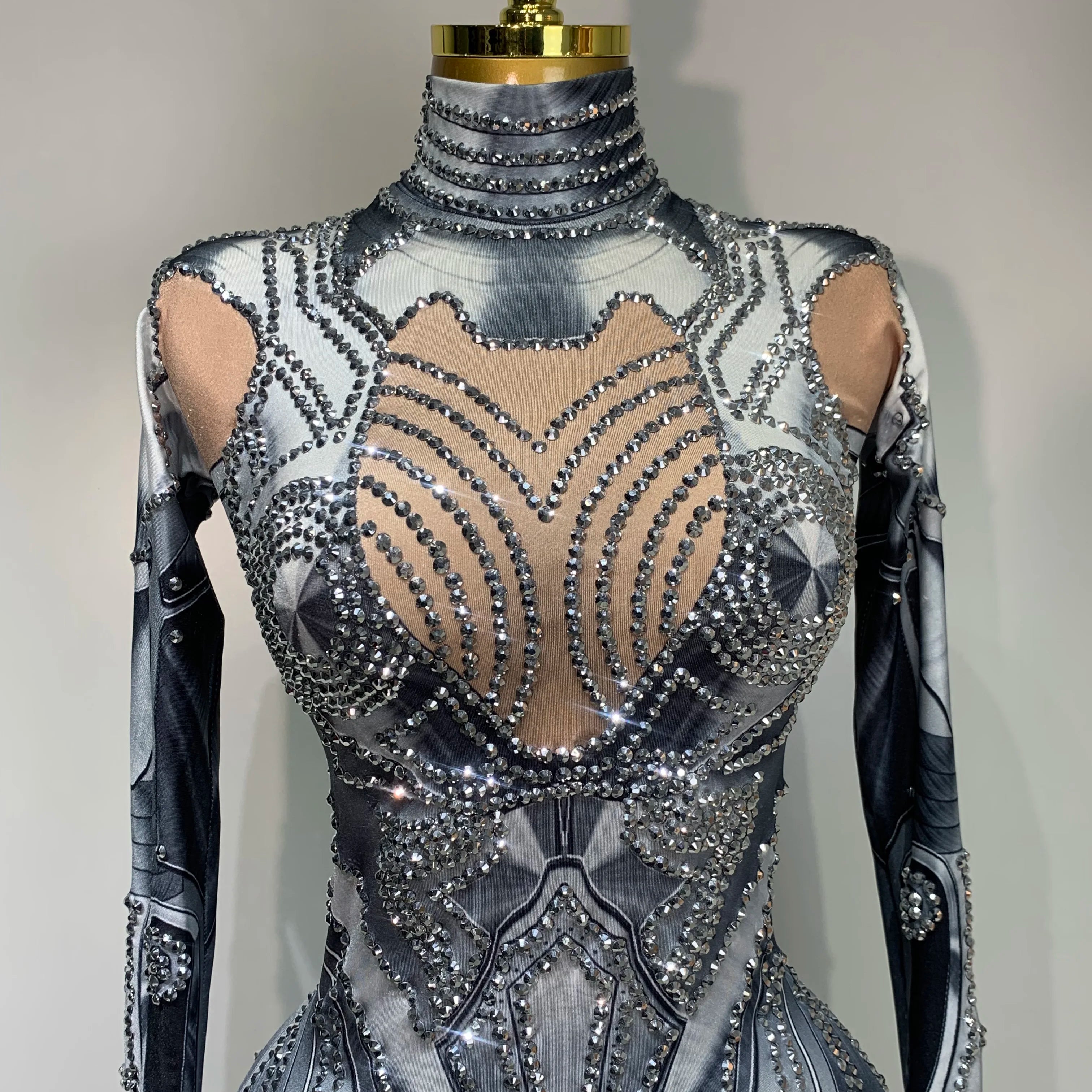 2025 Sexy Stretchy Performance Dance Nightclub Rompers Singer Stage Wear Sparkly Rhinestones Jumpsuit Gloves for Women Costume