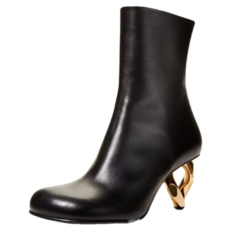 Spring and Autumn Women's New Metal Shaped High Heels Fashion Pointed Short Boots Sexy Model Show Large Women's Boots