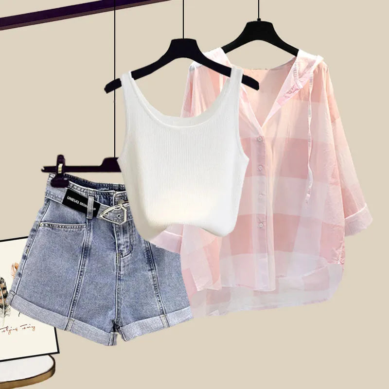 Women's Summer Shorts Suit 2024 New Casual Shirt+Strap+High Waist Jeans Three Piece Korean Elegant Blouse Pants Matching Set Set 07