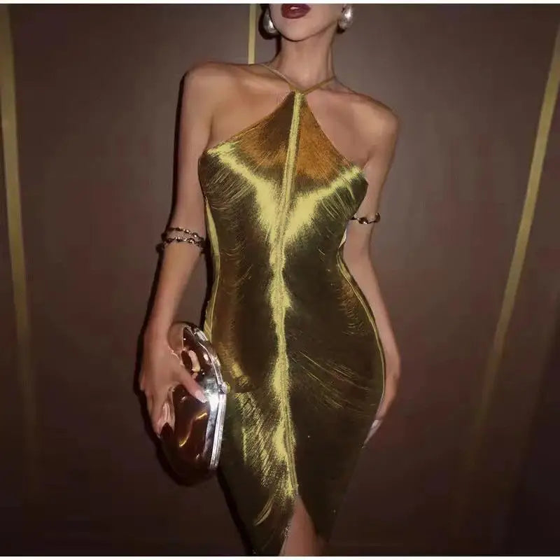 Sexy Fashion Metallic Halter Mini Dress For Women Female Sleeveless Backless Sliming Vestidos Lady Party Club Evening Gown Robe