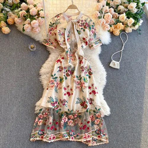 Summer Women Vintage Mesh Floral Embroidery Maxi Dress Ladies Retro Bow A-line Slim Party Dress Plus Size APRICOT