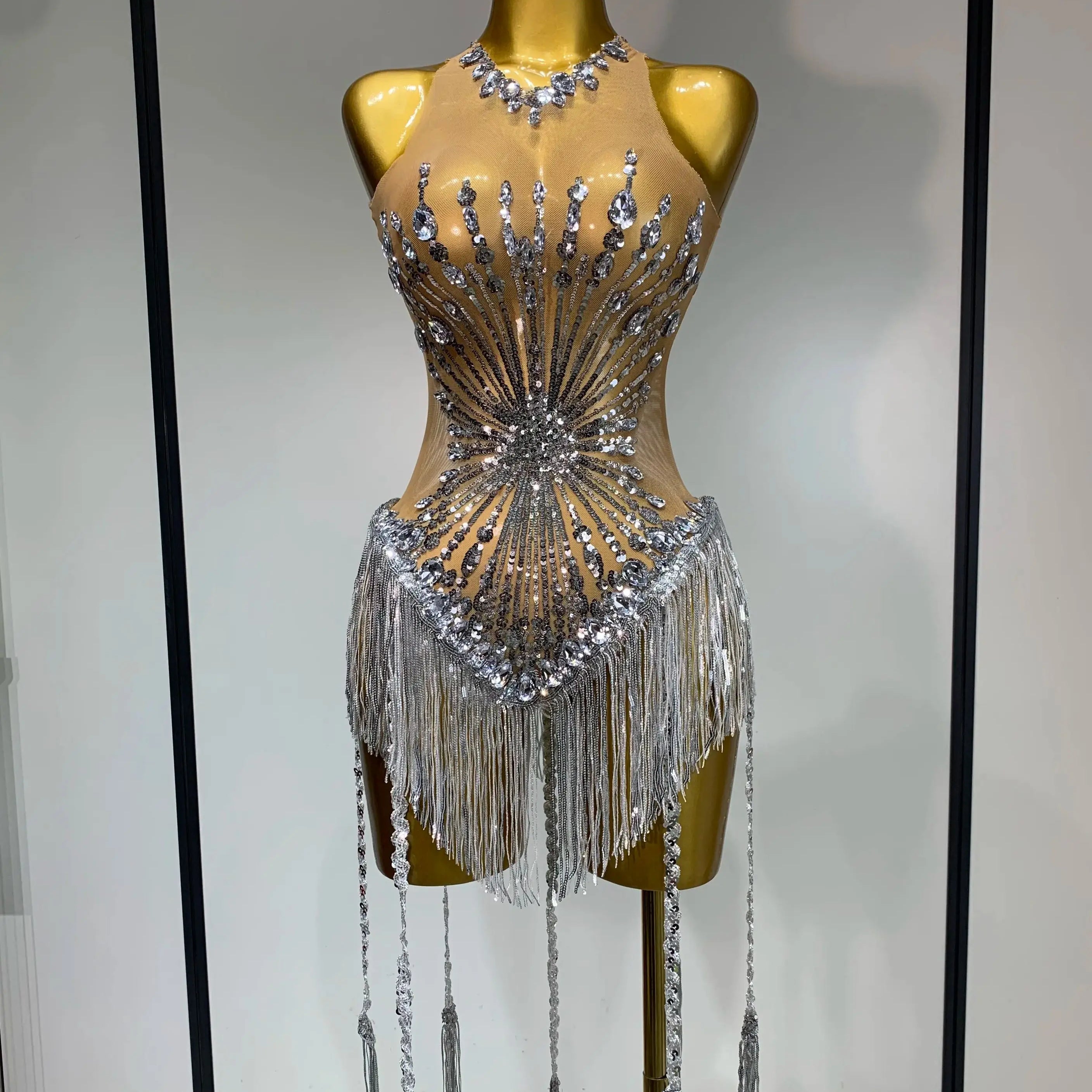 Women Sexy Mesh See Through Diamonds Long Tassels Bodysuit Luxury Evening Party Bar Nightclub Stage Performance Singer Outfit Silver