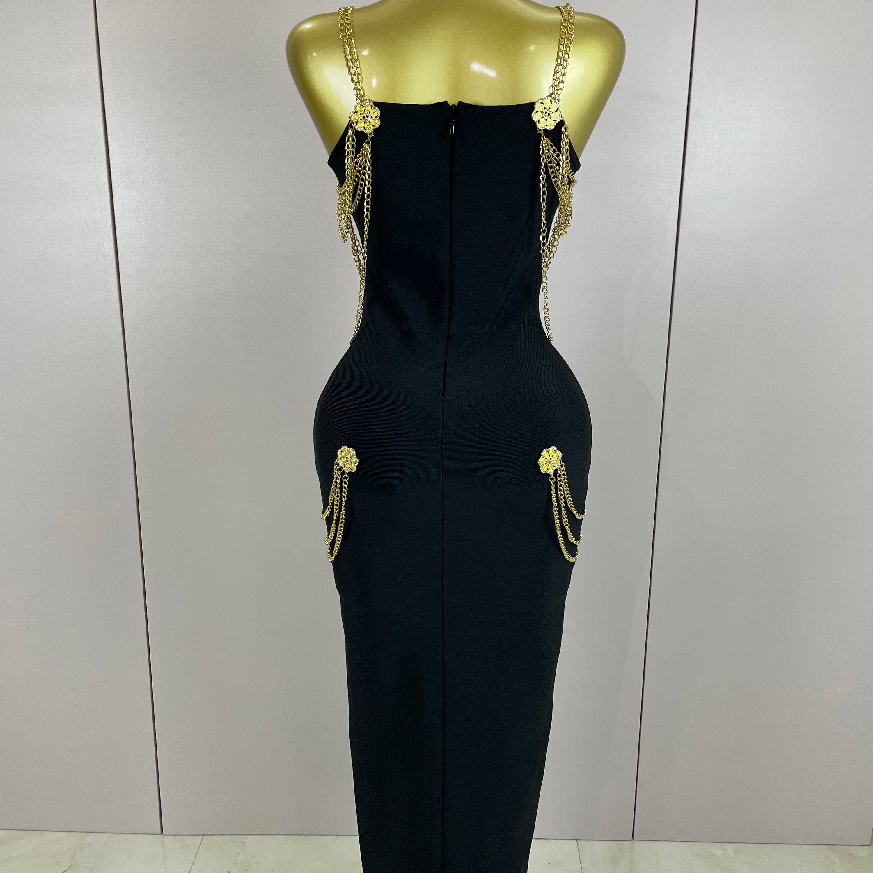 2025New New Black Chain Spaghetti Strap V-Neck Split Bandage Dress Bodycon Celebrity Club Party Long Dress Vestidos