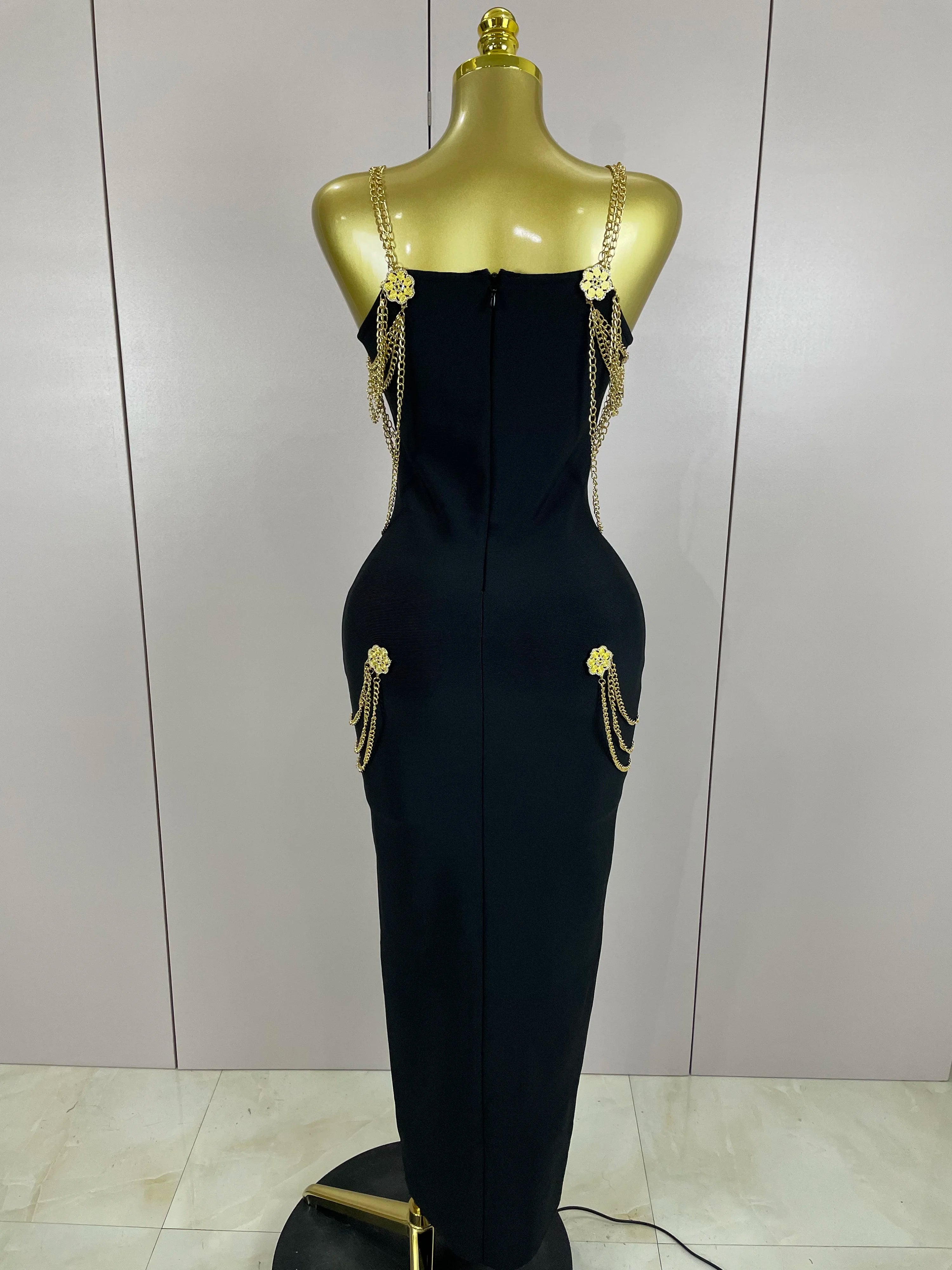 2025New New Black Chain Spaghetti Strap V-Neck Split Bandage Dress Bodycon Celebrity Club Party Long Dress Vestidos