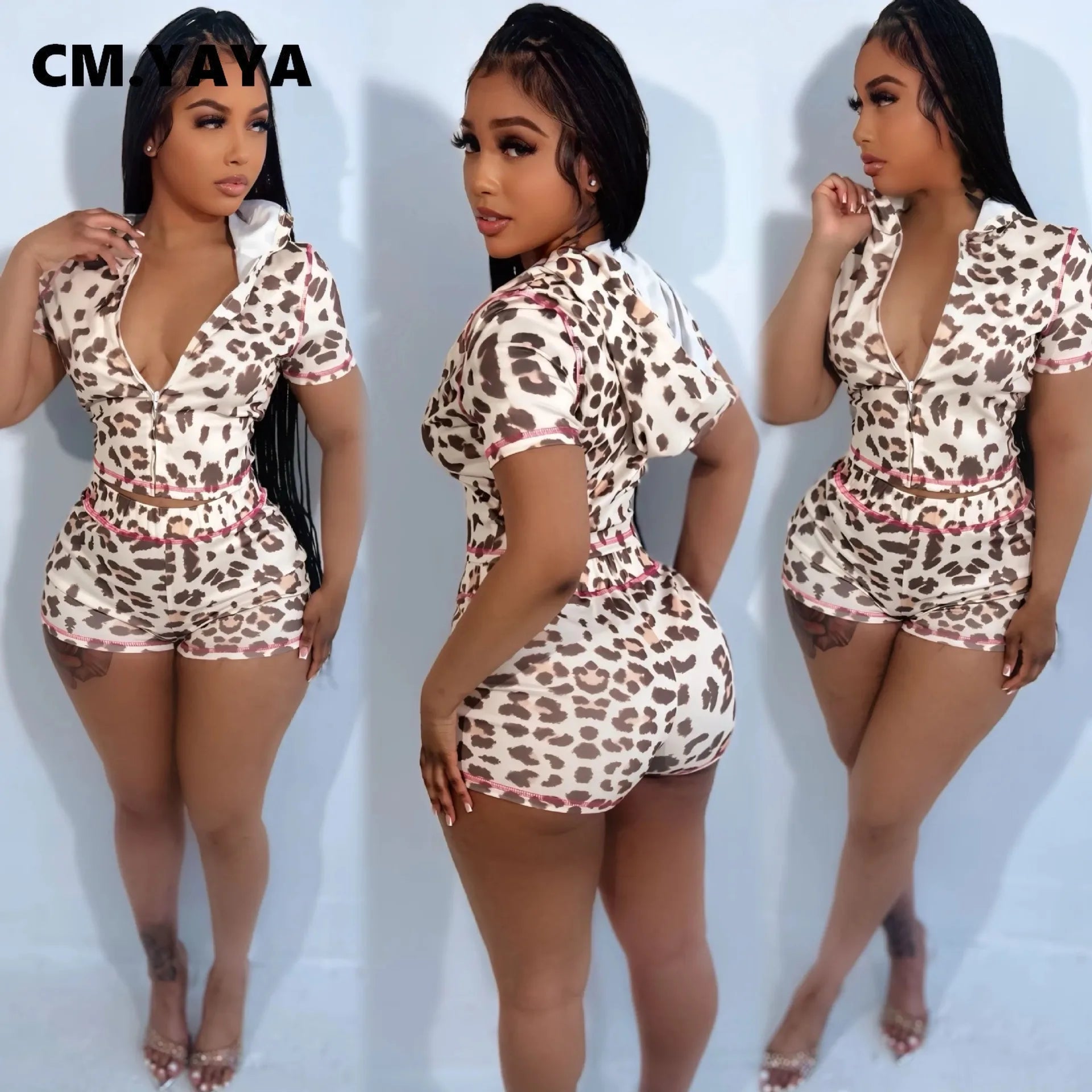 Fashion Leopard Print Women's Set Short Sleeve Hoodies + Shorts Suit 2025 Streetwear Active Two 2 Piece Set Tracksuit
