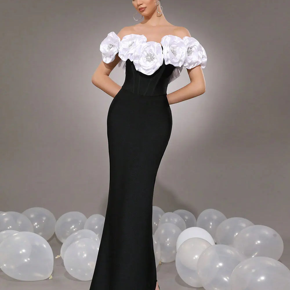 2025 Elegant Women's Light Luxury Flower Design Bandage Dresses One Collar Shoulder Bodycon Bareback Long Dress Party Vestidos black