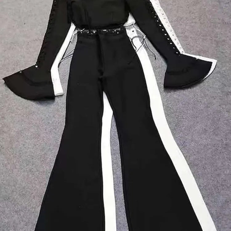 Women Winter Style Sexy Long Sleeve Flare Black White Two Pieces Bandage Set 2022 Celebrity Designer Fashion Party Women's Set