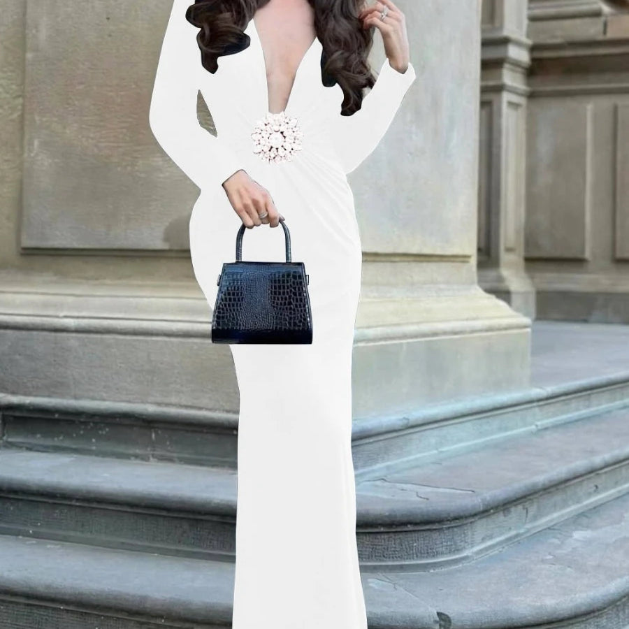 Solid Slimming Spliced 3D Flower Dresses for Women V Neck Long Sleeves Temperament Dress Female Fashion Clothing WHITE