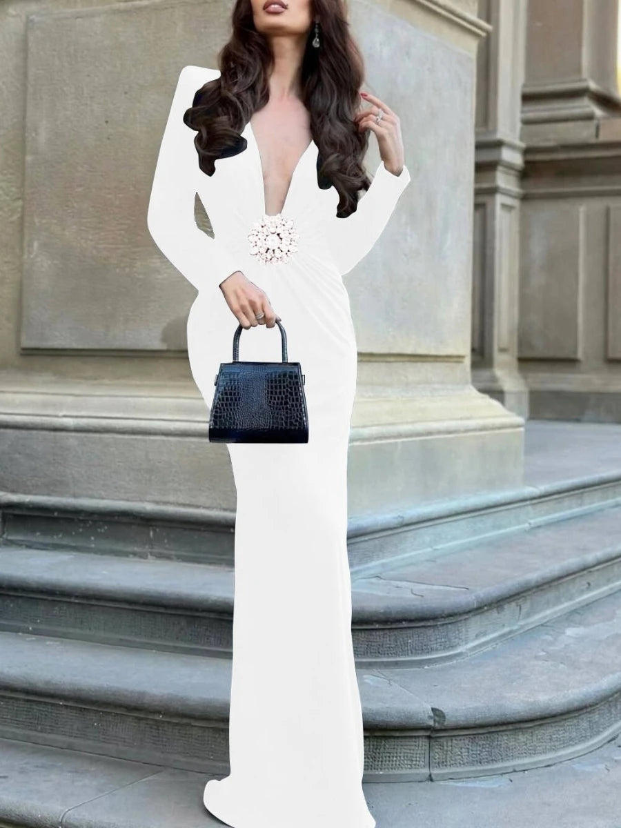 Solid Slimming Spliced 3D Flower Dresses for Women V Neck Long Sleeves Temperament Dress Female Fashion Clothing WHITE