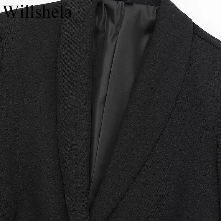Willshela Women Fashion Satin Black With Feather Blazer Jacket Vintage Notched Neck Single Button Long Sleeves Female Outfits