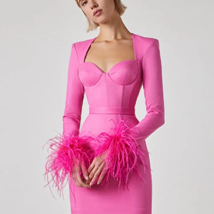 Women Winter Sexy Long Sleeve Feather Hot Pink Black Mini Bandage Dress Elegant Evening Club Party Dress