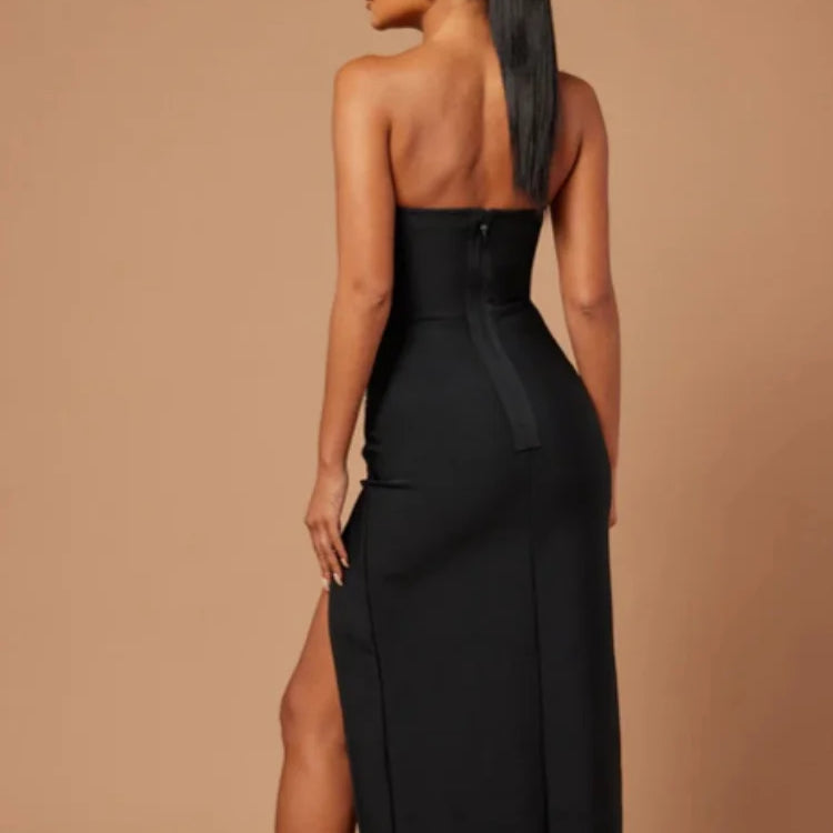 Red Black Women Sexy Strapless Shinning Diamond Line Bodycon Long Bandage Dress Elegant Birthday Party Cocktail Dress Outfit