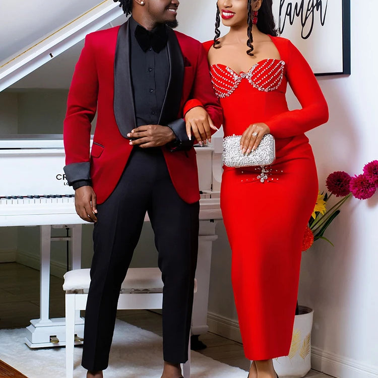 Radiant Red Long Sleeved Midi Dress with Crystal Embellishments for a Gala Event Evening Gown