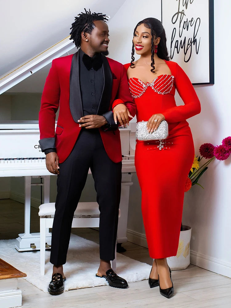 Radiant Red Long Sleeved Midi Dress with Crystal Embellishments for a Gala Event Evening Gown