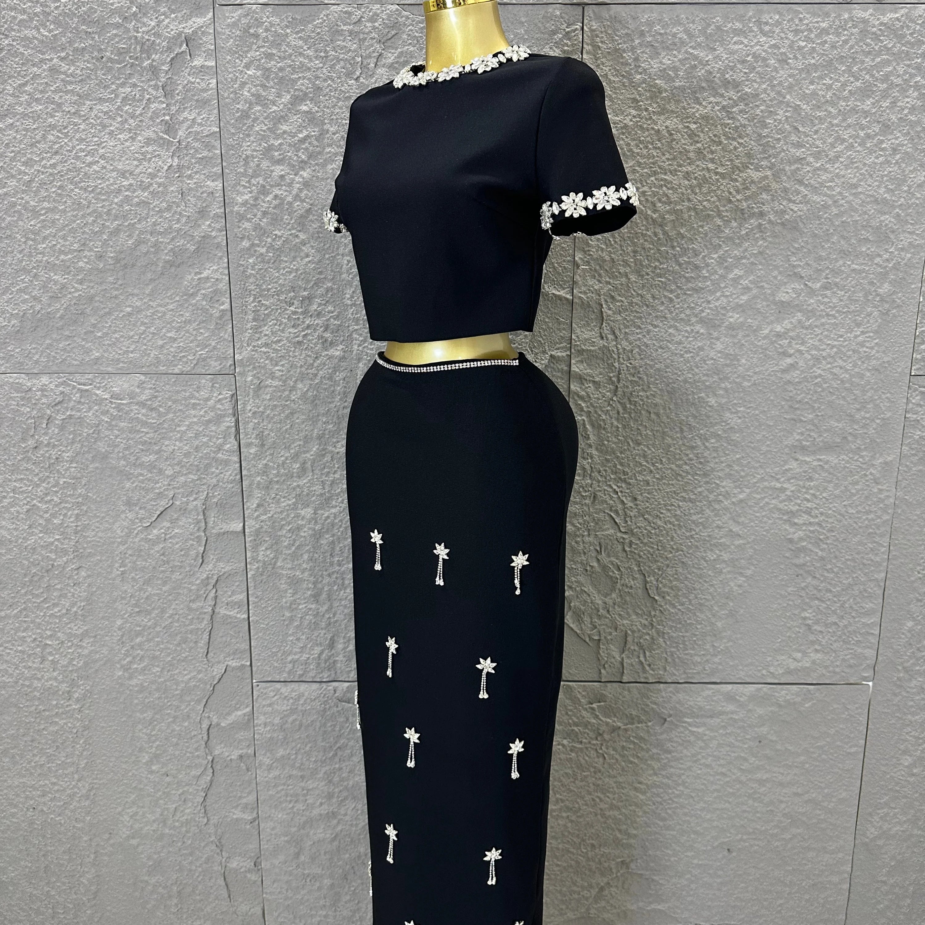 Black White Two Piece Set Women Elegant Short Sleeve Beaded Crop Top High Waist Pencil Midi Skirt Formal Suit