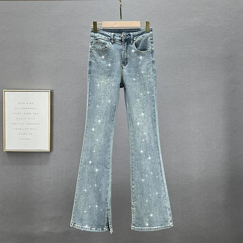 Skinny Jeans for Women Spring Cloth New High Waist Slimming Heavy Embroidery Hot Drilling Denim Pants Long Trousers Retro blue