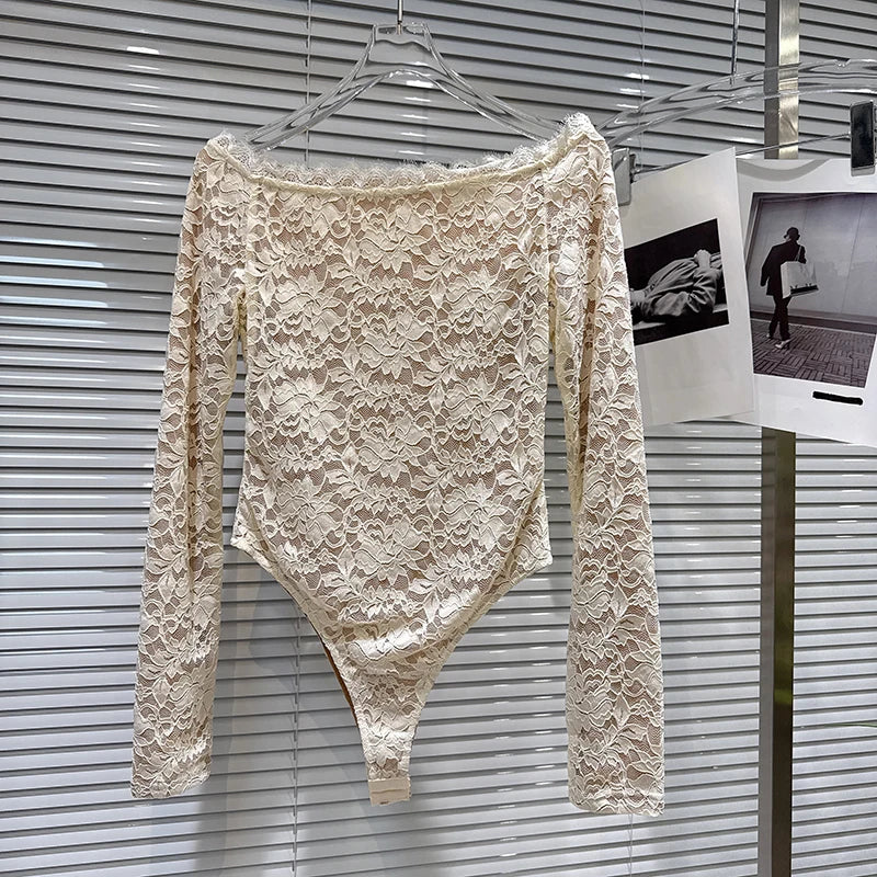 Winter New Fashion Off-Shoulder Lace Base Jumpsuit Top For Women Slim Fit Versatile Solid Color Shirts Female 11A07951